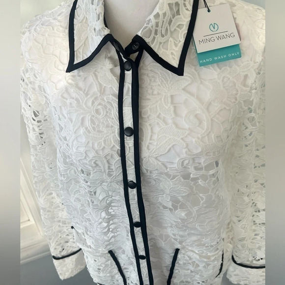 Ming Wang Sz S magnificent openwork white/black trim lace jacket Heritage lovely - Picture 13 of 15